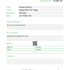 3 pack – bpc 157 10mg [rapid tissue regeneration+ repair] – hudson science ( certificate of analysis, second image ) (copy)