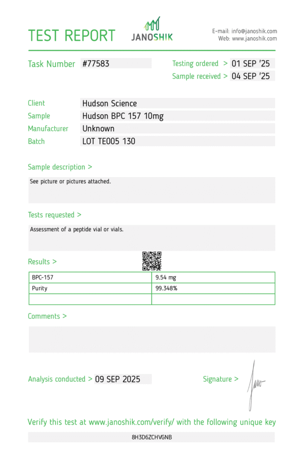 3 pack – bpc 157 10mg [rapid tissue regeneration+ repair] – hudson science ( certificate of analysis, second image ) (copy)
