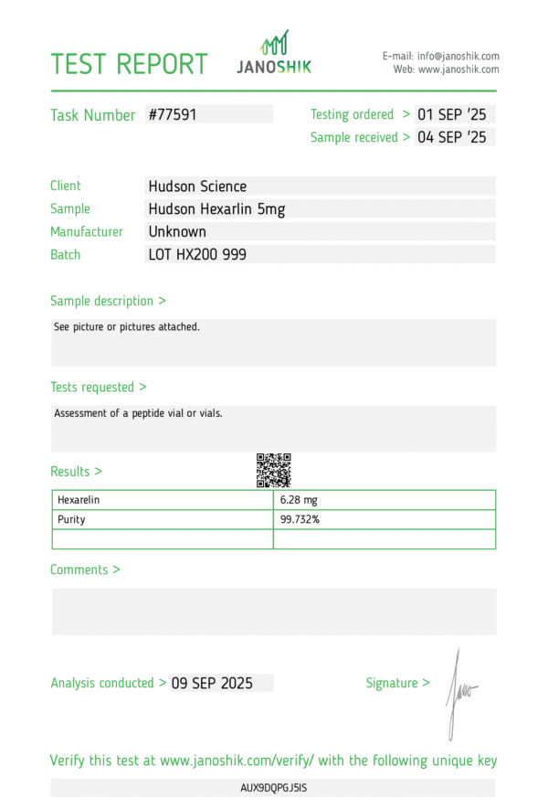 hexarelin 5mg – cardiovascular cell function + gh – hudson science ( certificate of analysis, second image )