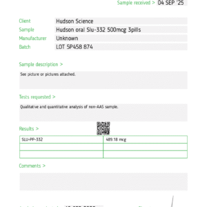 slu pp 332 500mcg x 50 oral tablets – hudson science ( certificate of analysis, second image )