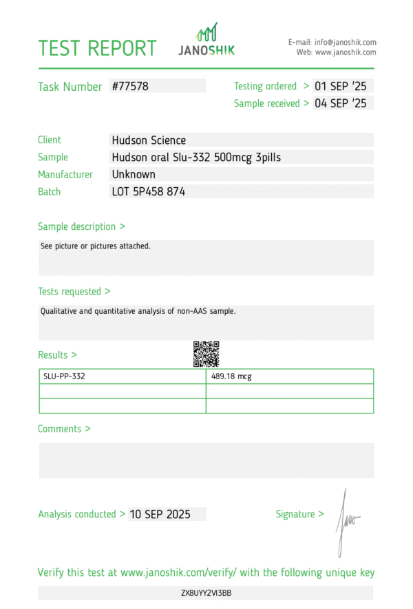 slu pp 332 500mcg x 50 oral tablets – hudson science ( certificate of analysis, second image )